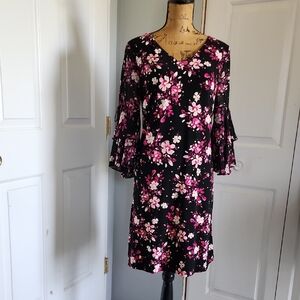 Chic Black and Pink Floral Long Sleeve Dress
